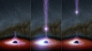 The diagram shows a black hole surrounded by a corona, which gathers inwards then shoots away from the black hole. Credits: NASA/JPL-Caltech